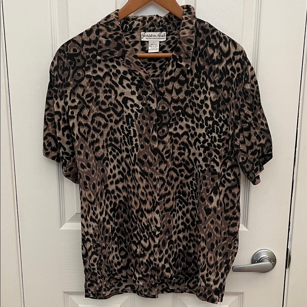 Silk Leopard Print Button-Up Shirt Size L